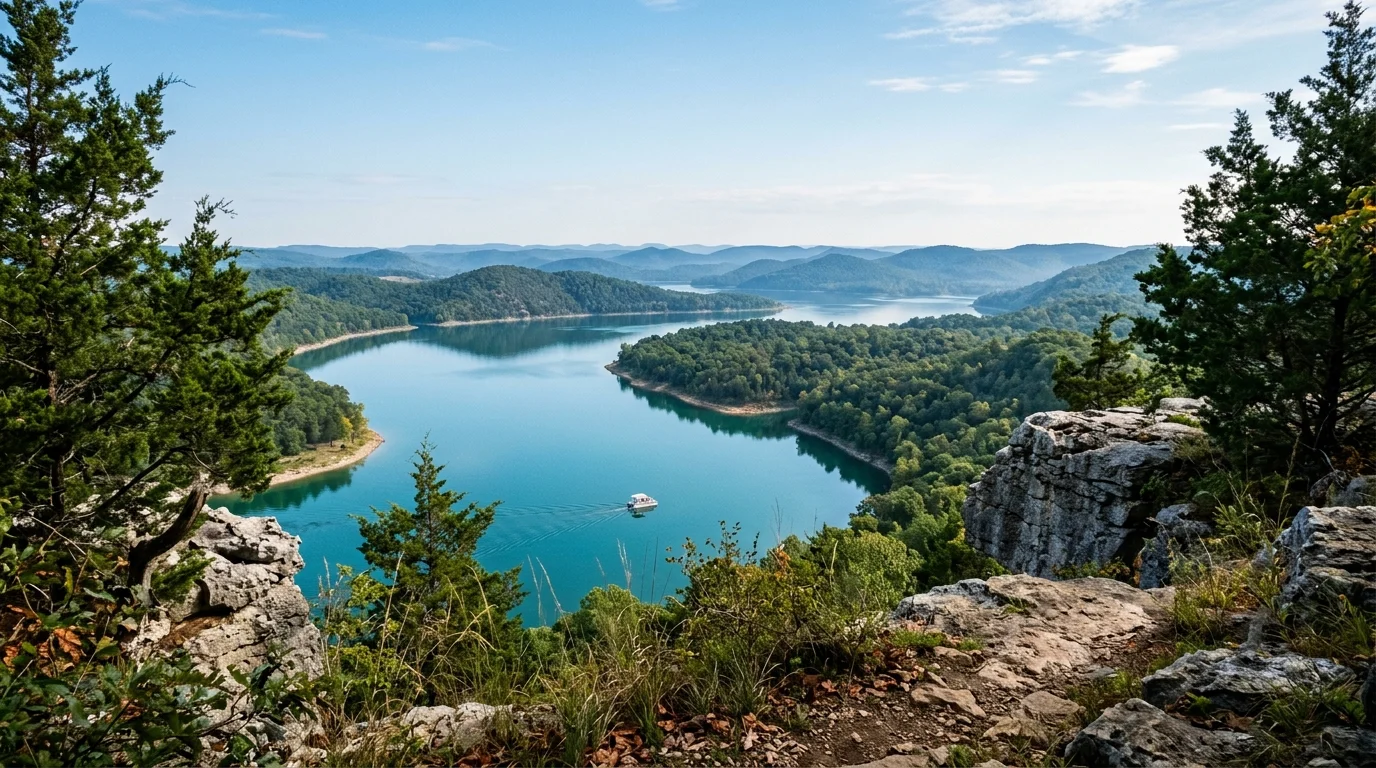 High-angle view from rocky cliffs overlooking a blue winding lake with a small boat surrounded by forested hills.