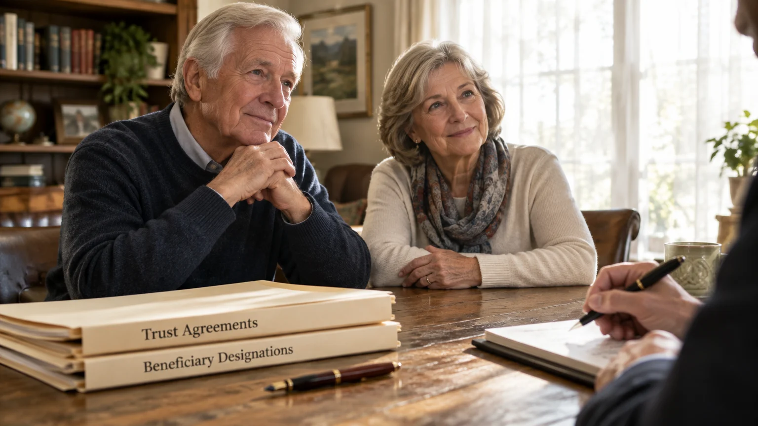 Senior couple listening across a wooden table near document folders labeled Trust Agreements and Beneficiary Designations.