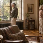 Senior couple in a sunlit living room with large windows, one looking outside and one browsing a wooden bookshelf.