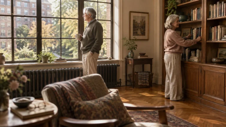 Senior couple in a sunlit living room with large windows, one looking outside and one browsing a wooden bookshelf.