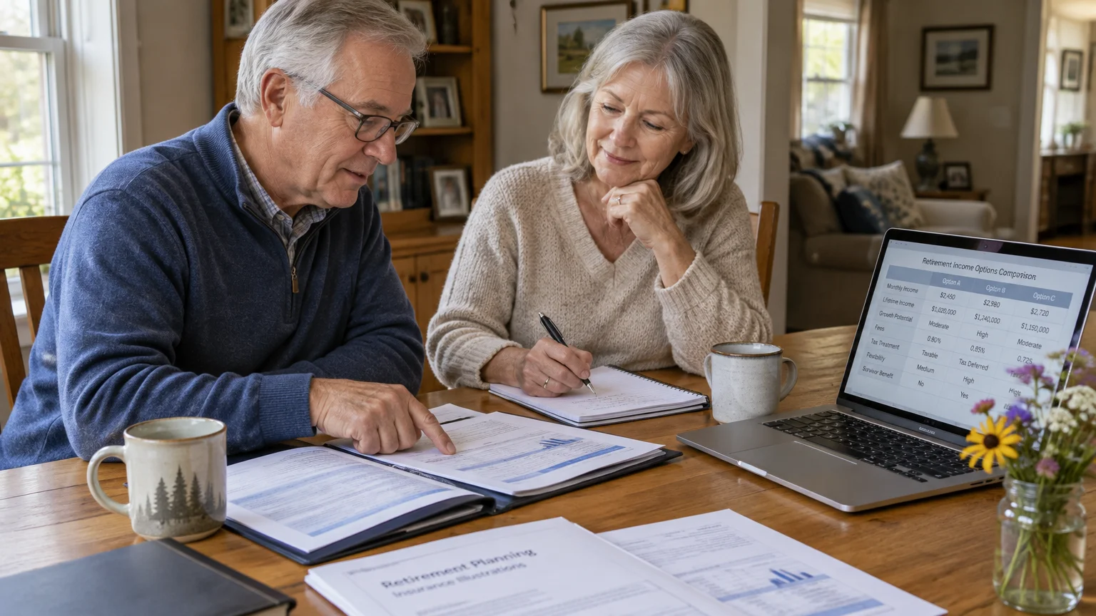 Senior couple reviewing financial planning paperwork and a laptop spreadsheet comparing retirement options at a dining table.