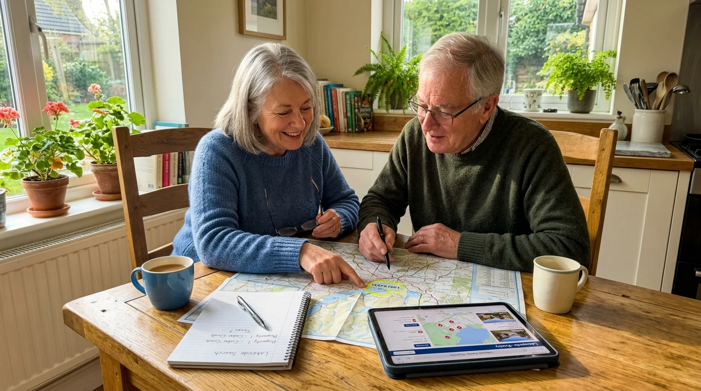 An older couple sits at a wooden kitchen table reviewing a road map, a tablet, and a notepad.