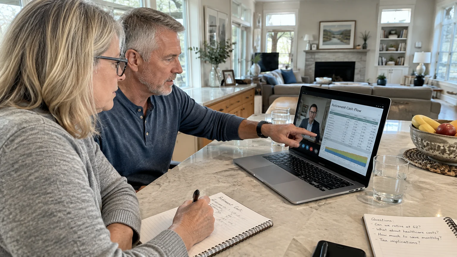 A couple reviews financial spreadsheets during a video call with an advisor on their laptop in a kitchen.