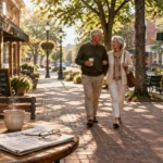 Senior couple walking arm in arm along a brick sidewalk past a bakery, bookstore, and cafe table with coffee.