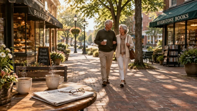 Senior couple walking arm in arm along a brick sidewalk past a bakery, bookstore, and cafe table with coffee.