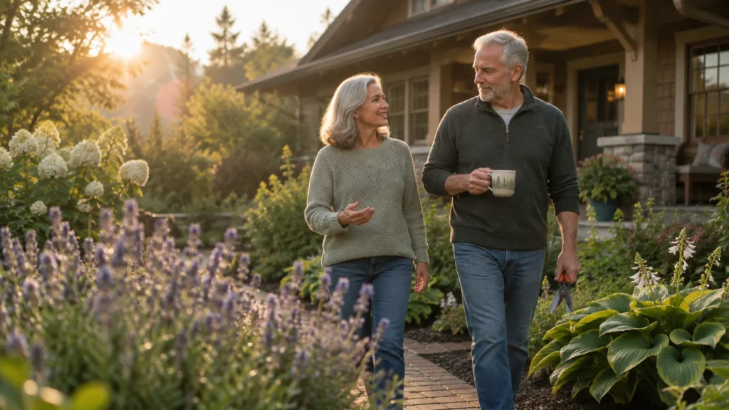 A senior couple walks along a brick garden path outside a craftsman-style house in warm morning sunlight.