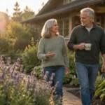 A senior couple walks along a brick garden path outside a craftsman-style house in warm morning sunlight.