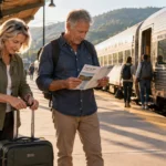 A senior couple with luggage stands on an outdoor train platform, checking a travel brochure beside a passenger train.