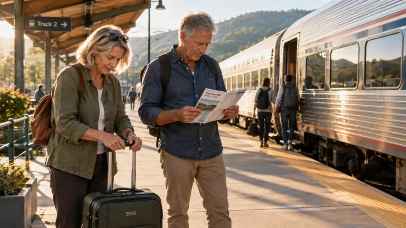A senior couple with luggage stands on an outdoor train platform, checking a travel brochure beside a passenger train.