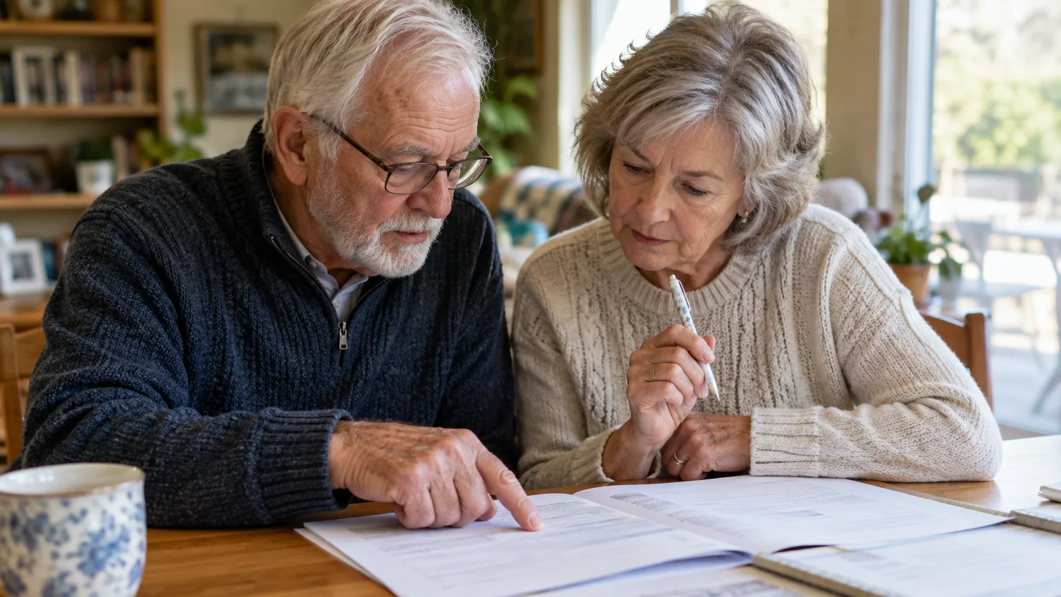 Senior man pointing at a document on a table while an older woman holding a pen looks down thoughtfully.