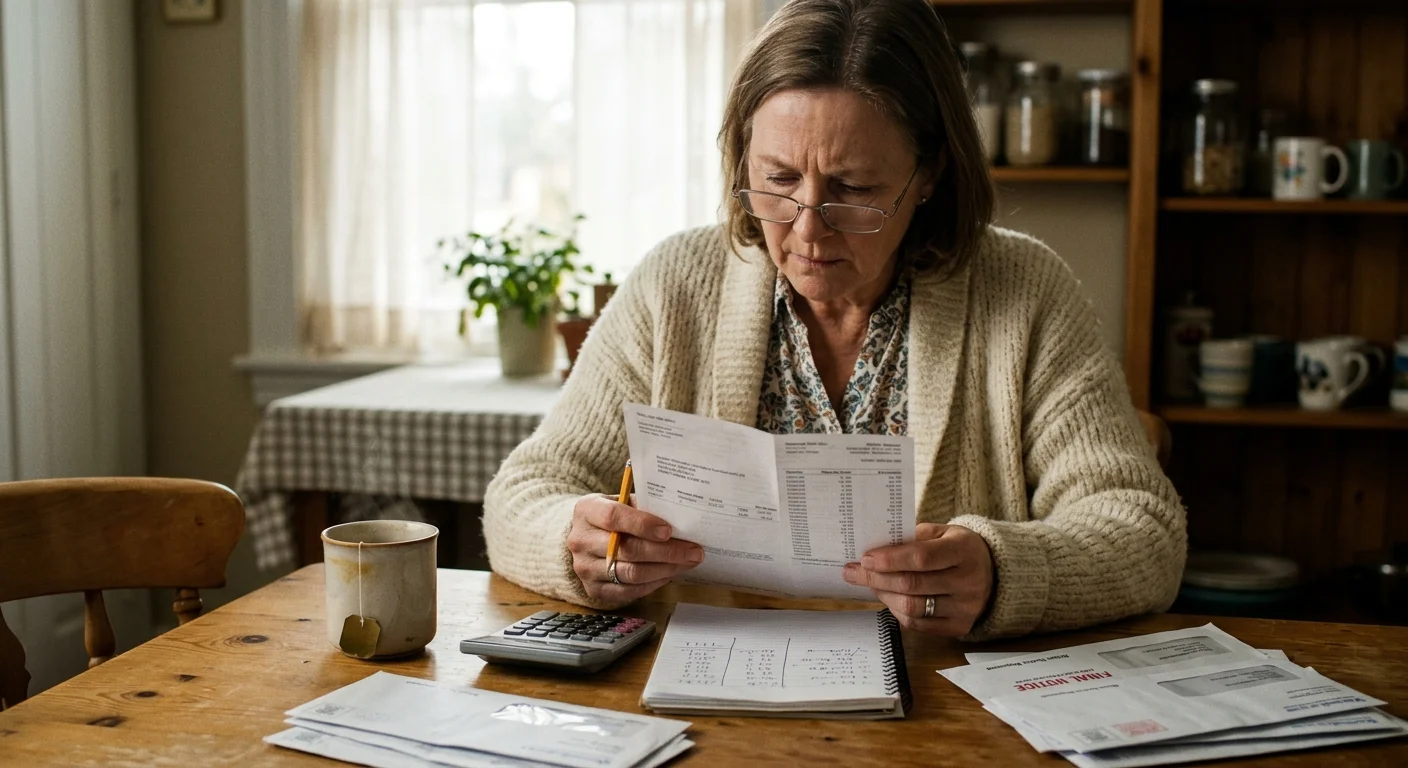 A woman wearing glasses reviews a paper bill at a dining table with a calculator, notebook, and envelopes.
