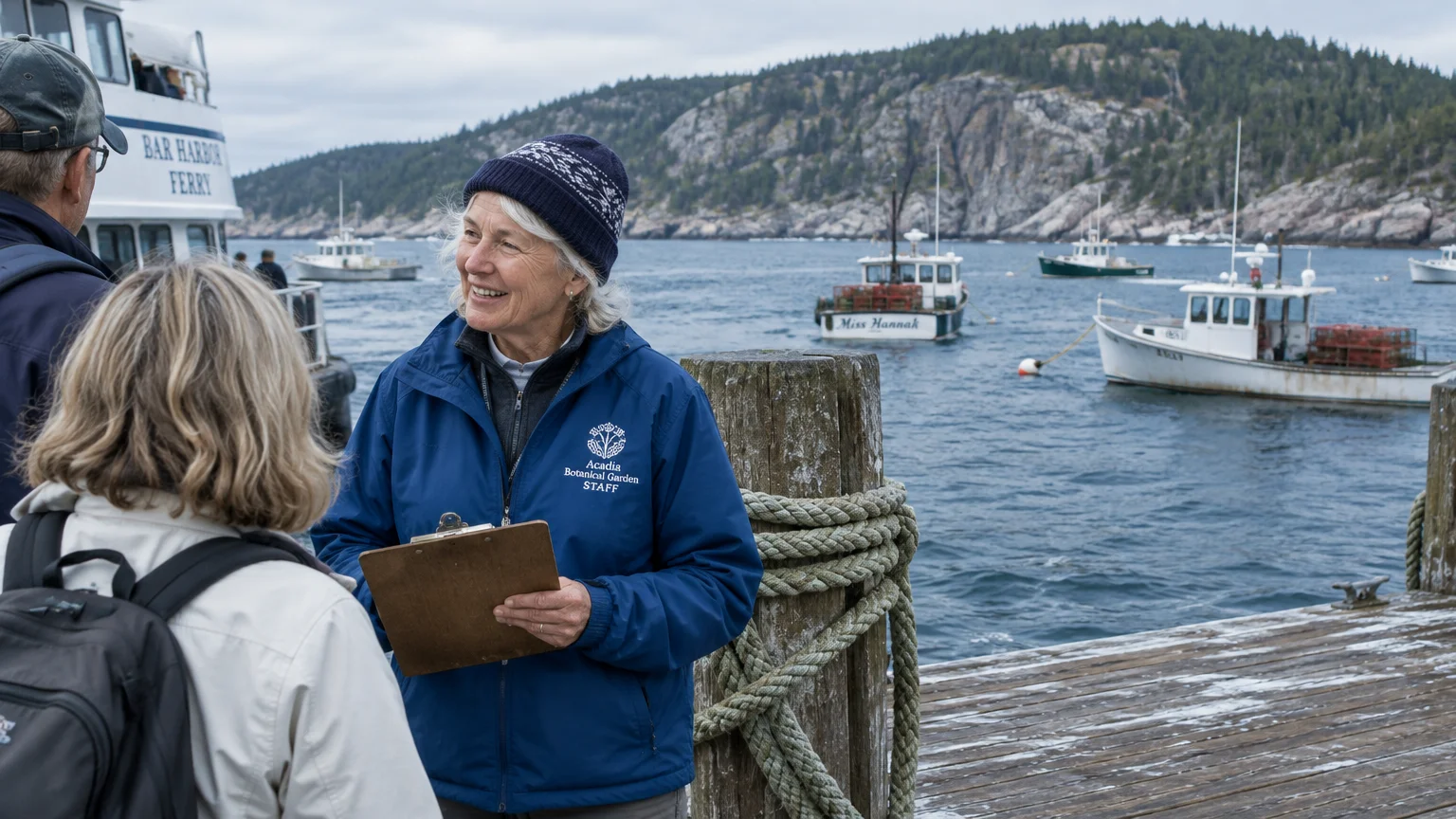 A smiling woman holding a clipboard speaks to visitors on a wooden dock with boats and rocky hills in the background.