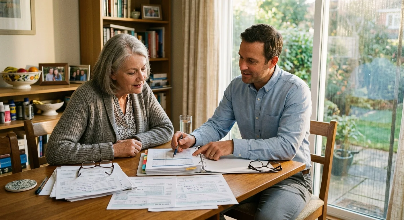A senior woman and a male adviser sit at a dining table reviewing documents in a binder with paperwork spread out.