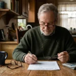 Senior man sitting at a wooden kitchen table reviewing a Social Security document with a pen, glasses, and calculator.