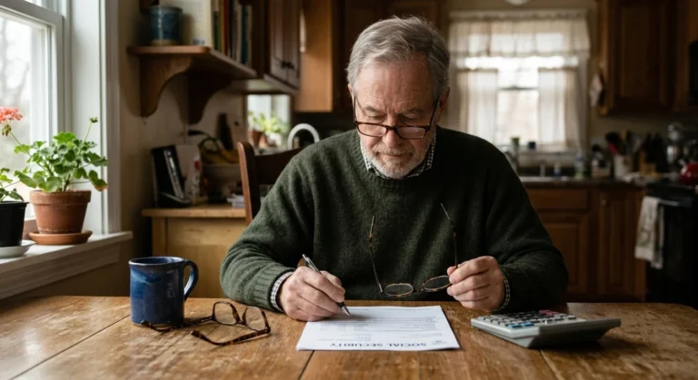 Senior man sitting at a wooden kitchen table reviewing a Social Security document with a pen, glasses, and calculator.