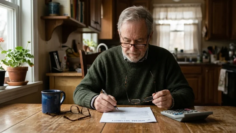Senior man sitting at a wooden kitchen table reviewing a Social Security document with a pen, glasses, and calculator.