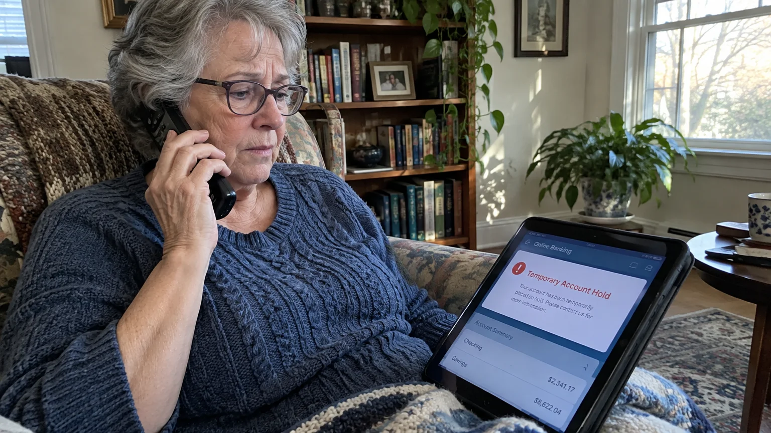 A senior woman on a landline phone looks concerned beside a tablet showing a Temporary Account Hold notice.