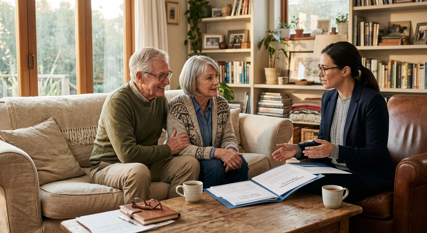 A woman in a blazer speaks with an older couple sitting on a sofa over open documents on a living room coffee table.