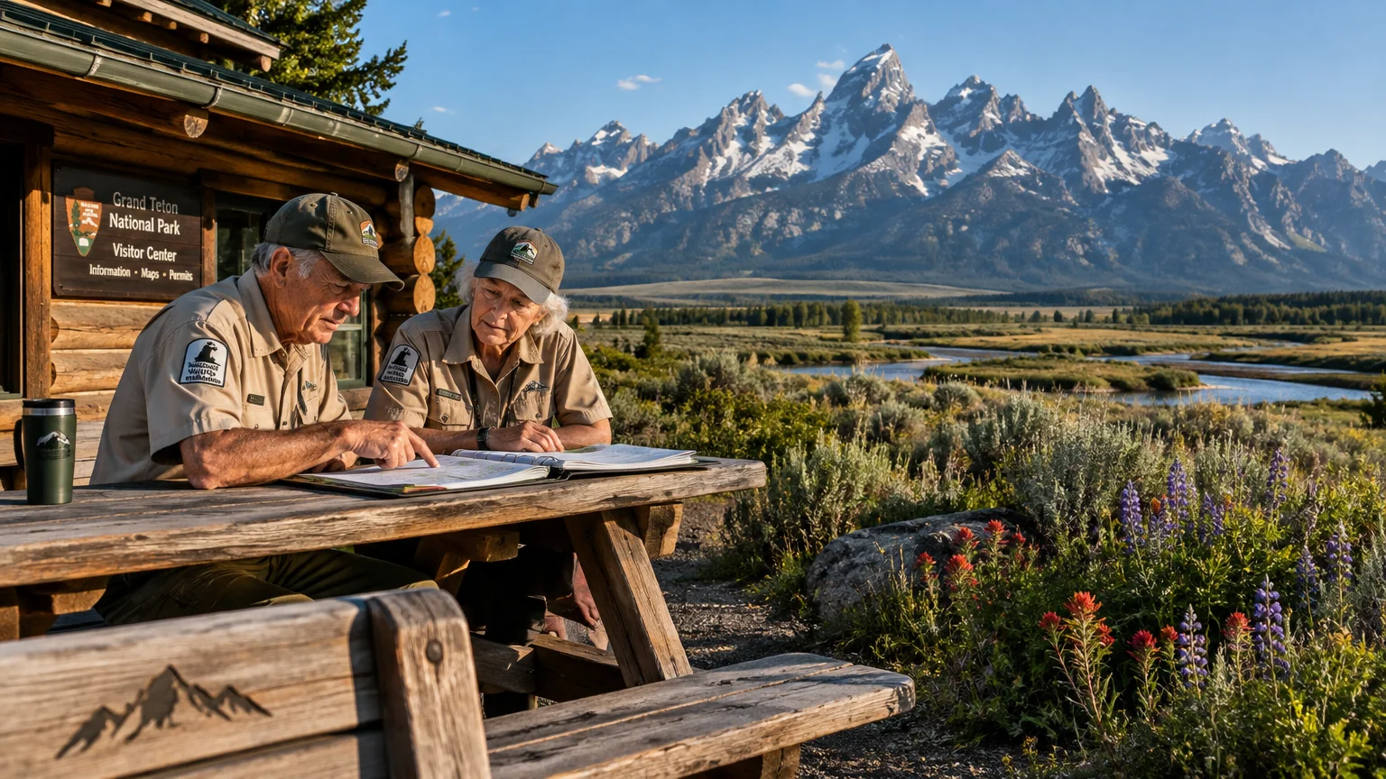 Two senior park staff in uniform review a map at a wooden picnic table outside a log cabin facing rugged mountain peaks.
