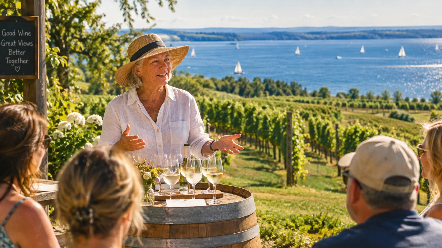 A smiling woman in a sunhat hosts an outdoor wine tasting overlooking hillside vineyards and a blue bay with sailboats.