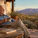 Senior man sitting in a wooden armchair on a stone patio holding a mug, overlooking a desert landscape with mountains.