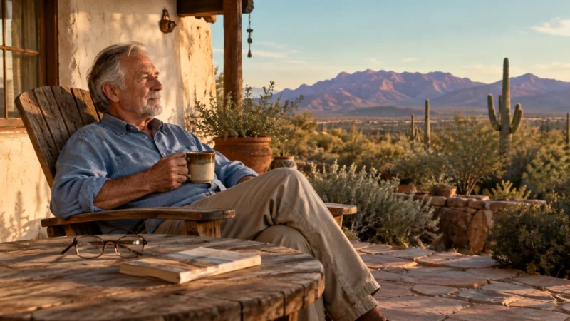 Senior man sitting in a wooden armchair on a stone patio holding a mug, overlooking a desert landscape with mountains.