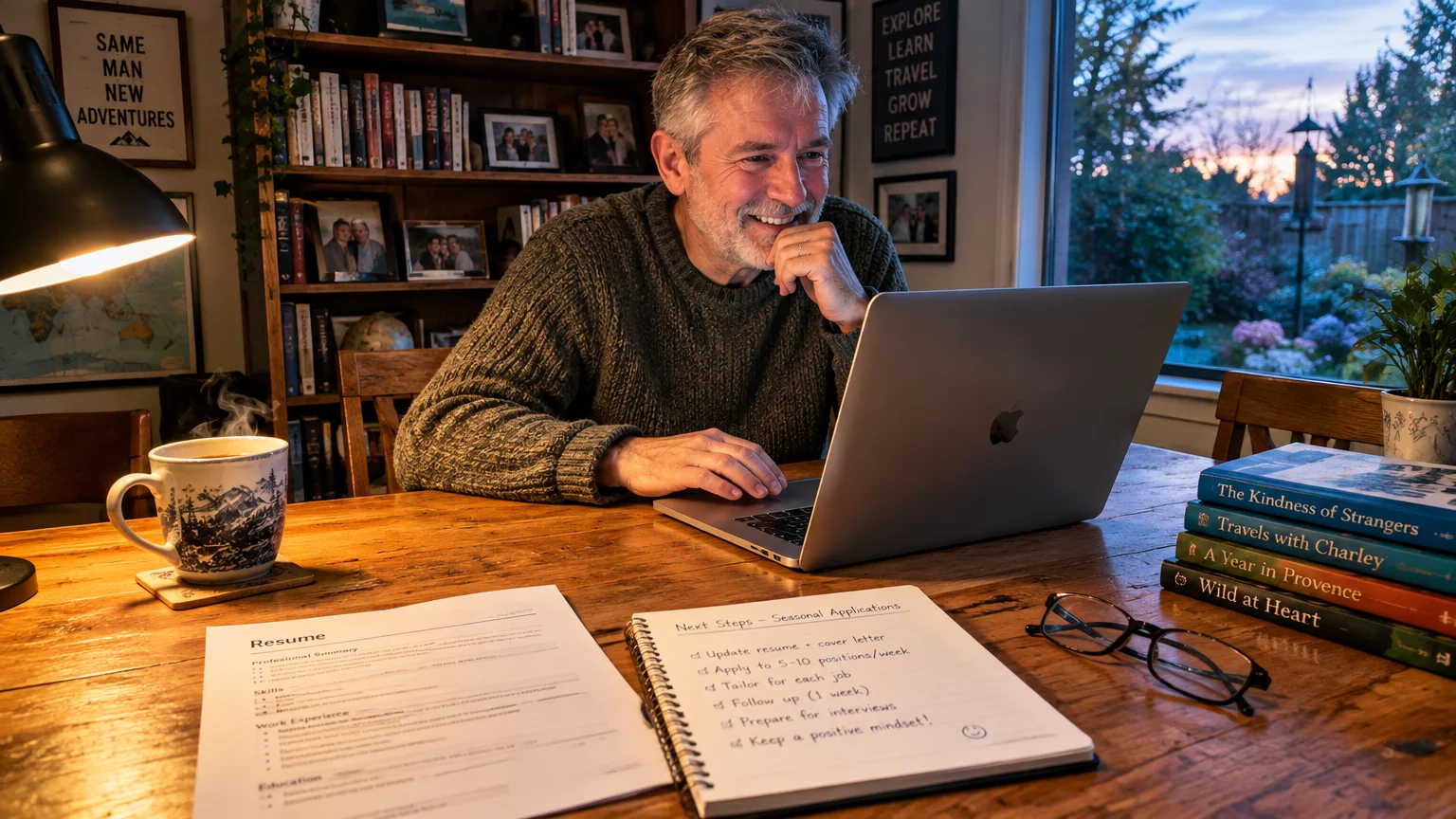 Smiling older man at a wooden table using a laptop next to a resume, notebook checklist, and coffee mug.