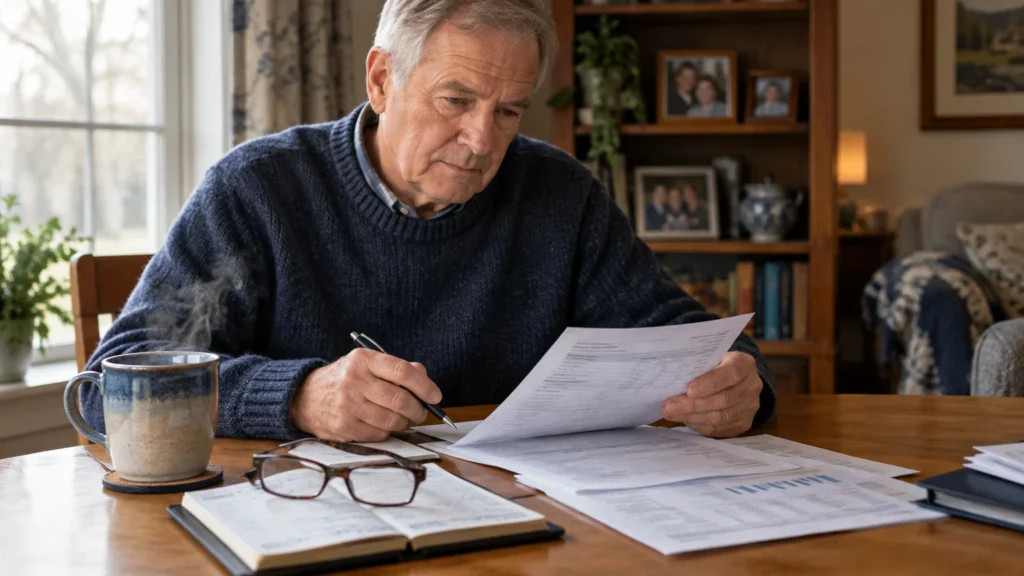 Older man in a blue sweater reviewing paperwork at a table with eyeglasses and a steaming mug nearby.