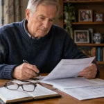 Older man in a blue sweater reviewing paperwork at a table with eyeglasses and a steaming mug nearby.