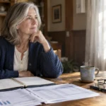 Mature woman sitting thoughtfully at a wooden table with financial papers, an open planner, glasses, and a steaming mug.