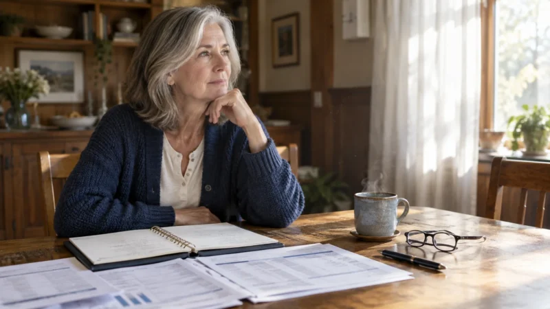 Mature woman sitting thoughtfully at a wooden table with financial papers, an open planner, glasses, and a steaming mug.