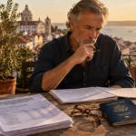 Mature man reviews Social Security paperwork and a US passport at an outdoor table overlooking a coastal European city.