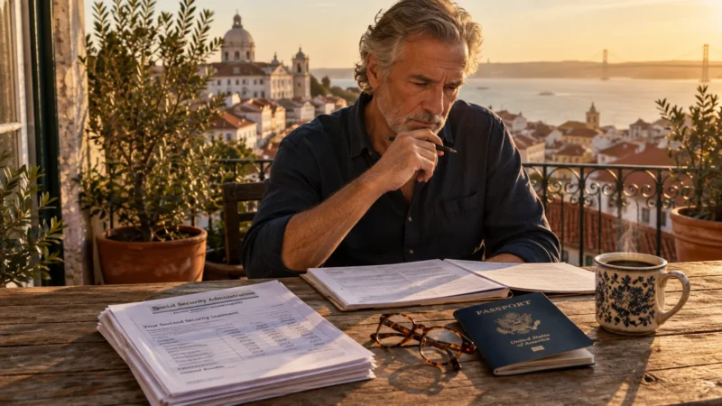Mature man reviews Social Security paperwork and a US passport at an outdoor table overlooking a coastal European city.