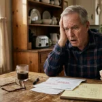 Shocked older man holding a landline phone receiver while reviewing financial bills at a kitchen table.