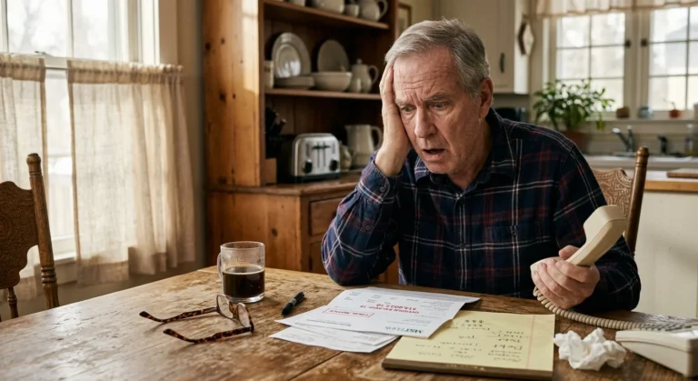 Shocked older man holding a landline phone receiver while reviewing financial bills at a kitchen table.