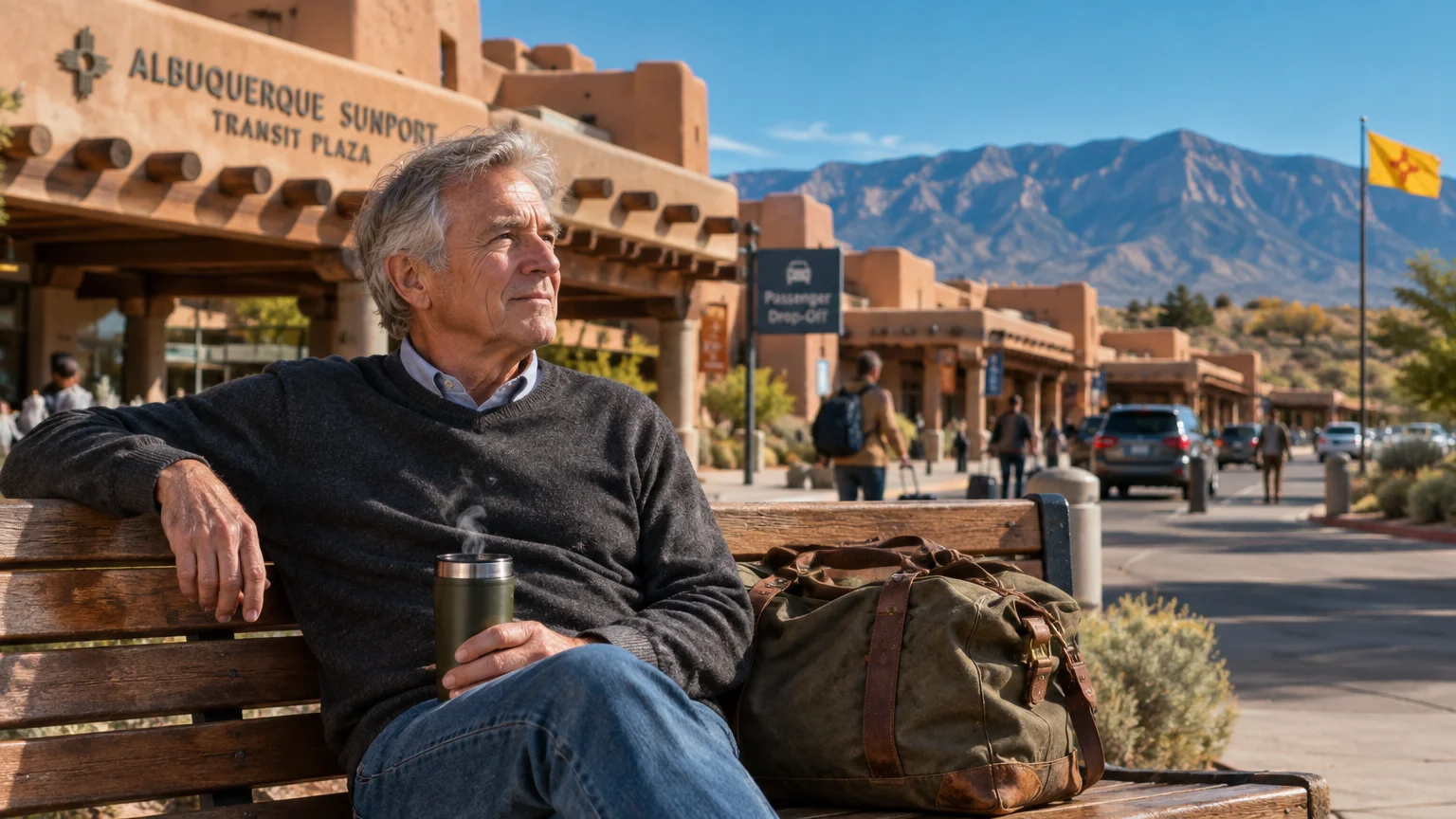 Older man sitting on a wooden bench holding a steaming thermos outside Albuquerque Sunport Transit Plaza with mountains behind.