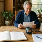 A senior man reviews financial paperwork at a wooden table with a planner, budget sheet, and coffee mug.