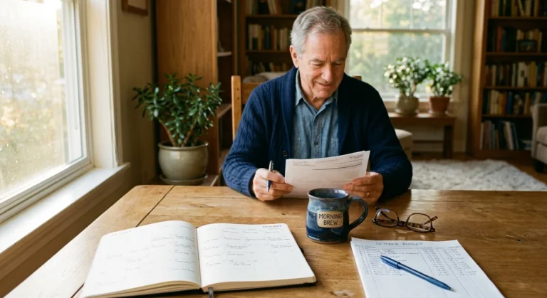 A senior man reviews financial paperwork at a wooden table with a planner, budget sheet, and coffee mug.