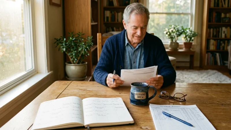 A senior man reviews financial paperwork at a wooden table with a planner, budget sheet, and coffee mug.