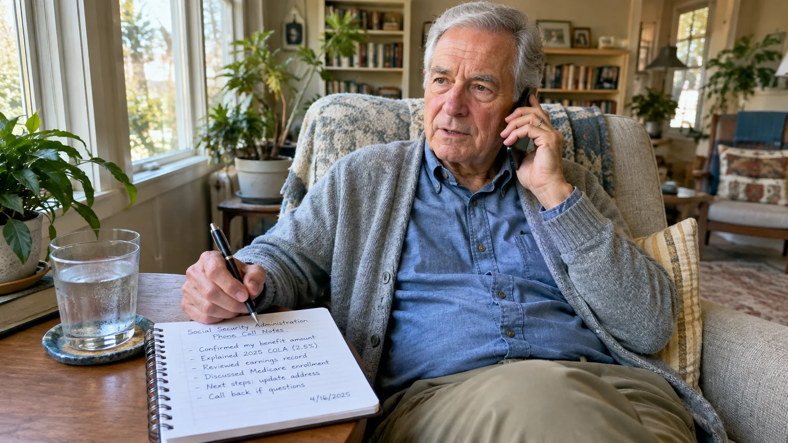 Senior man sitting in an armchair talking on a smartphone while taking notes in a notebook beside a glass of water.