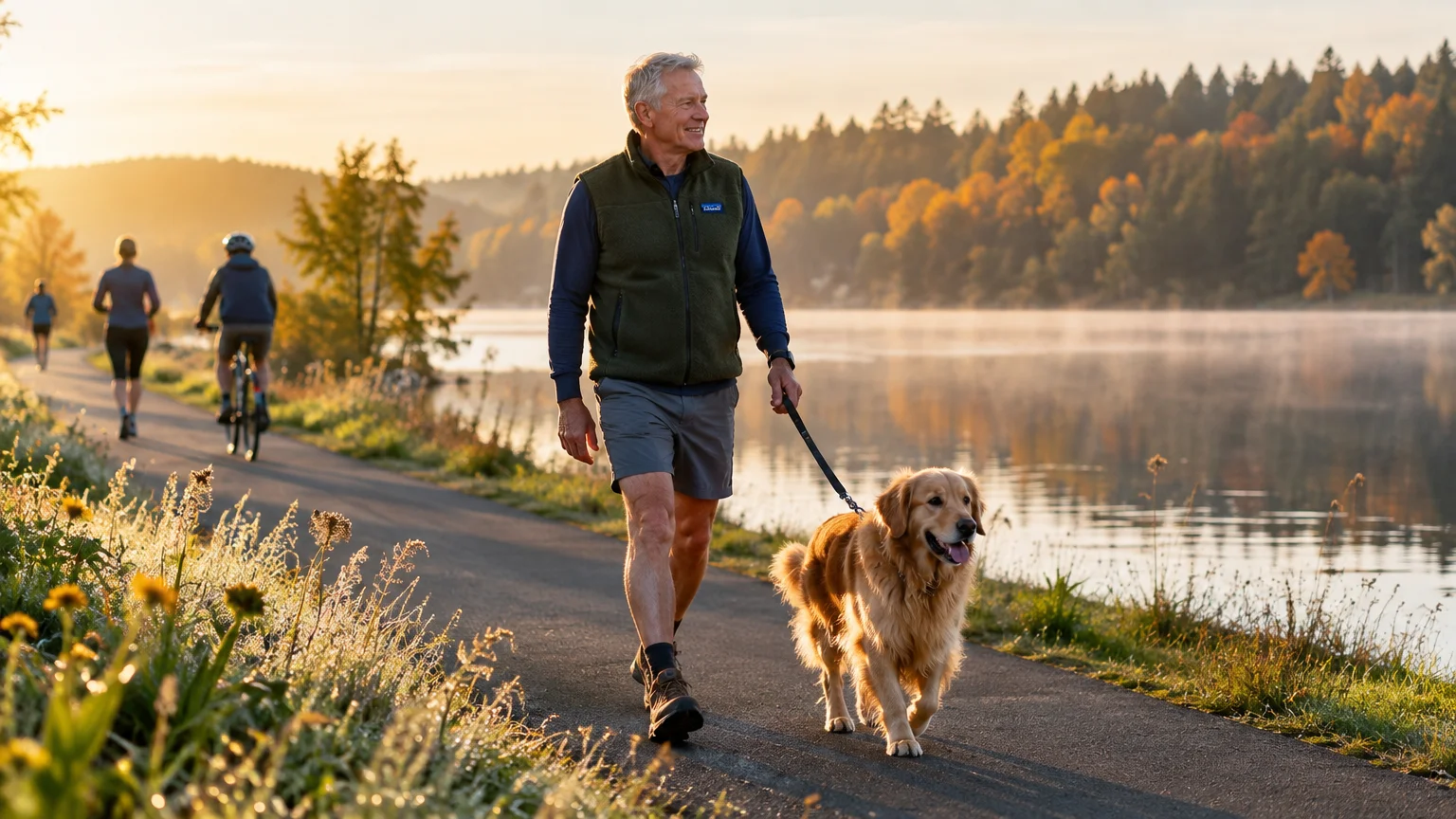 A smiling older man walks his golden retriever along a paved lakeside trail at sunrise with cyclists in the background.