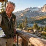 Smiling older park guide handing a trail map to someone against a sunny mountain lake backdrop.