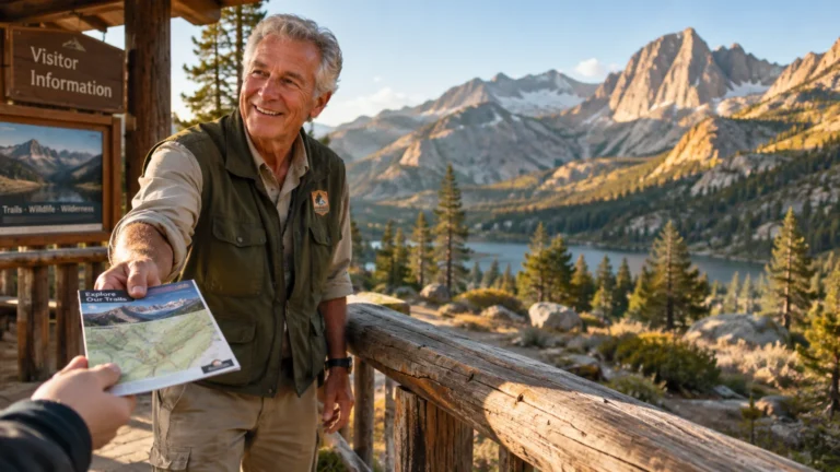 Smiling older park guide handing a trail map to someone against a sunny mountain lake backdrop.