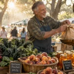 A smiling senior vendor weighing produce on a hanging scale for a customer at a sunny outdoor farmers market.