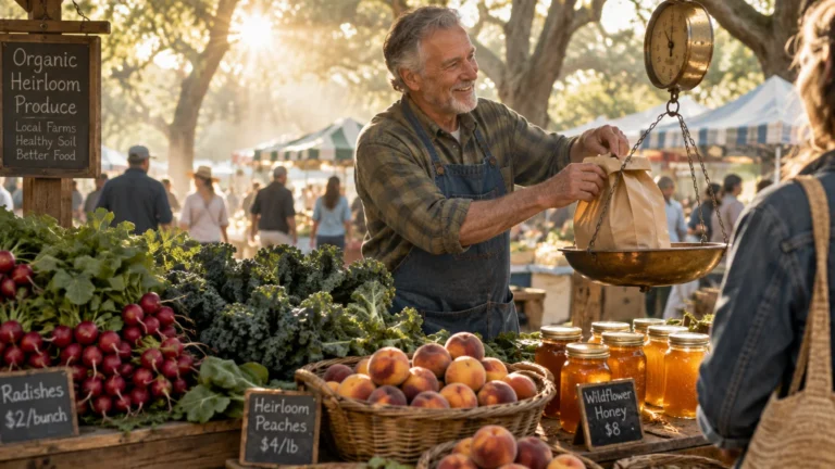 A smiling senior vendor weighing produce on a hanging scale for a customer at a sunny outdoor farmers market.