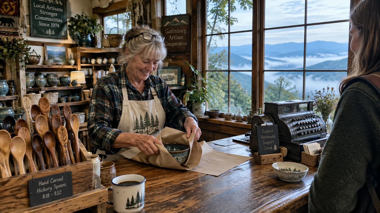 A smiling woman wraps pottery at a rustic craft shop counter overlooking misty mountain vistas.