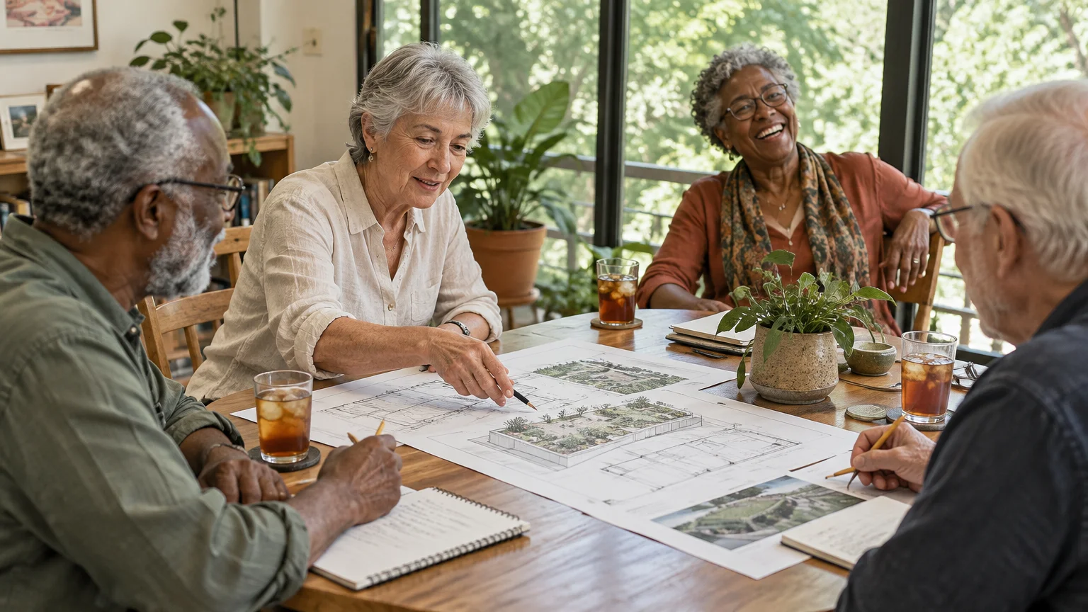 Four older adults sit around a wooden table reviewing architectural building plans together.