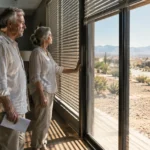 An older couple stands inside a modern living room looking out a large sliding glass door toward a sunny desert neighborhood.