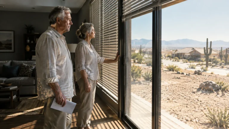 An older couple stands inside a modern living room looking out a large sliding glass door toward a sunny desert neighborhood.