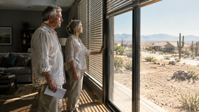 An older couple stands inside a modern living room looking out a large sliding glass door toward a sunny desert neighborhood.